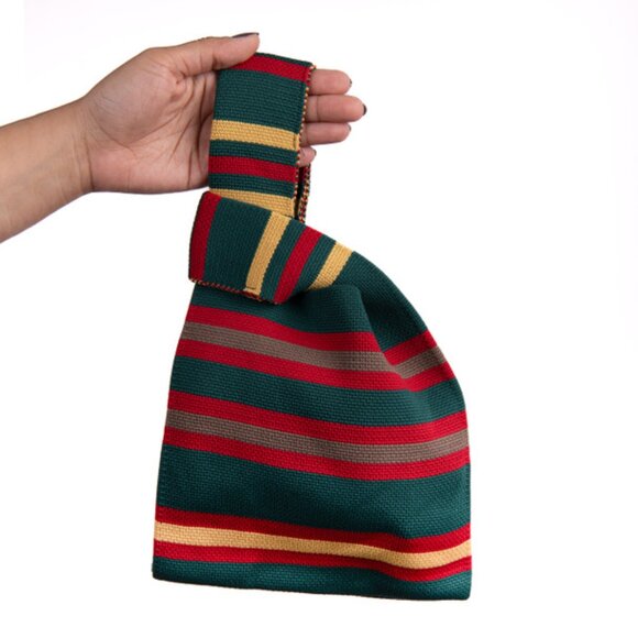 Wrist Tote Bag- 100% Polyester- Green Red Tan Stripped -Winter/Fall Colors - NWT - Picture 2 of 5